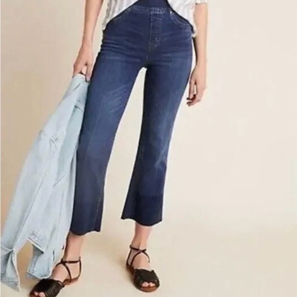 SPANX Kick Crop Flare Denim Jeans M/Dk Wash Raw Hem Size XL Pull-on Shaping - Picture 2 of 10